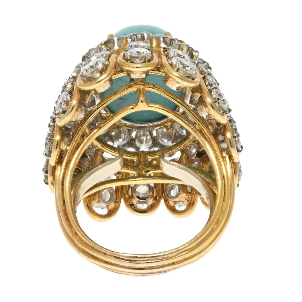 David Webb Platinum & 18K Yellow Gold Cabochon Cut Turquoise And Diamond Ring - The Back Vault