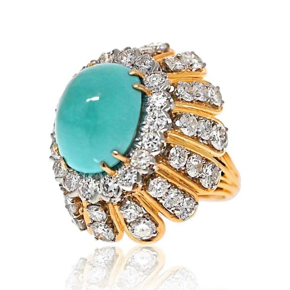 David Webb Platinum & 18K Yellow Gold Cabochon Cut Turquoise And Diamond Ring - The Back Vault