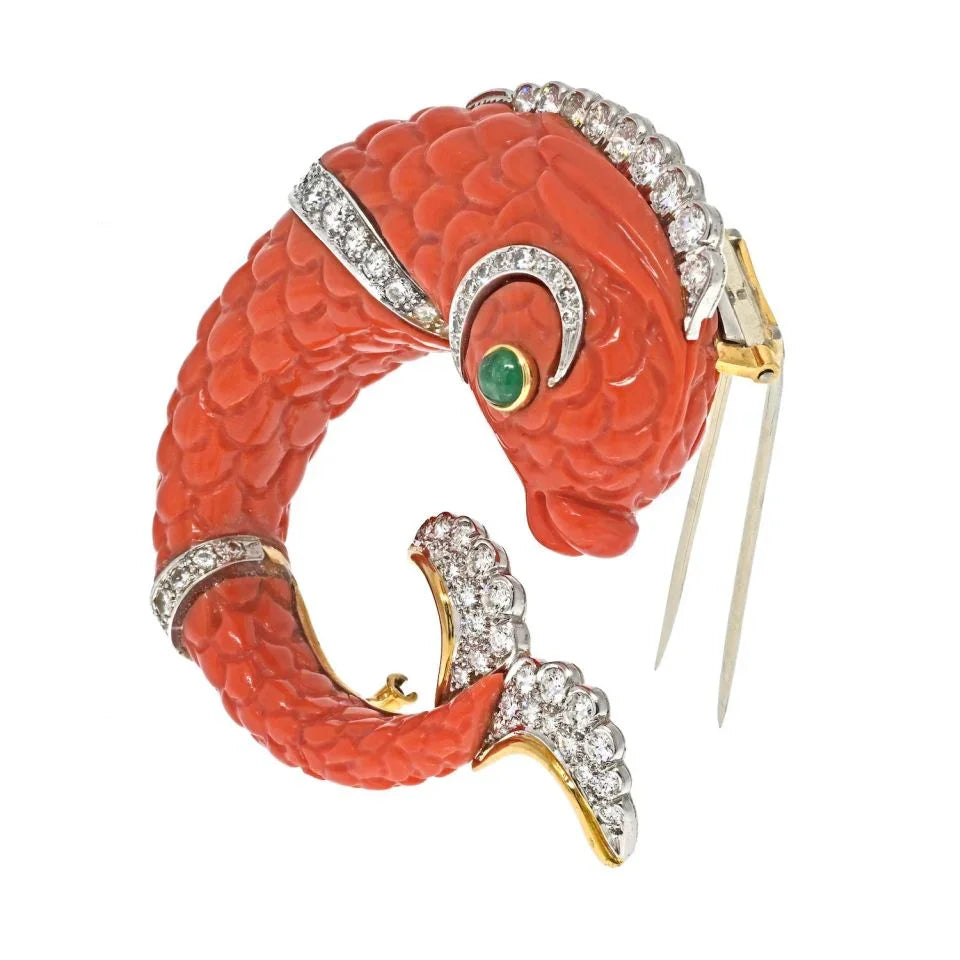 David Webb Platinum Carved Coral Dolphin Clip Brooch - The Back Vault