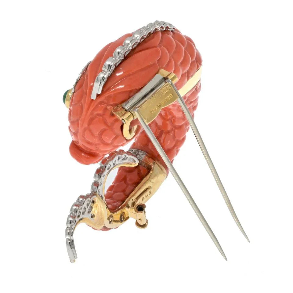 David Webb Platinum Carved Coral Dolphin Clip Brooch - The Back Vault