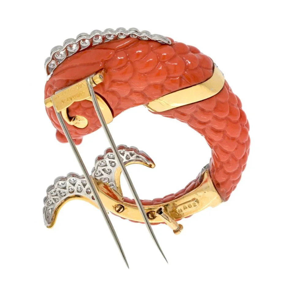 David Webb Platinum Carved Coral Dolphin Clip Brooch - The Back Vault