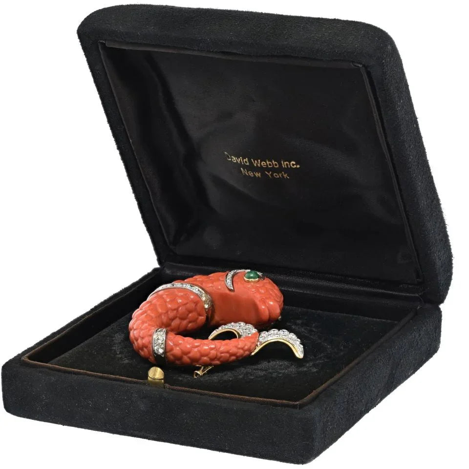 David Webb Platinum Carved Coral Dolphin Clip Brooch - The Back Vault