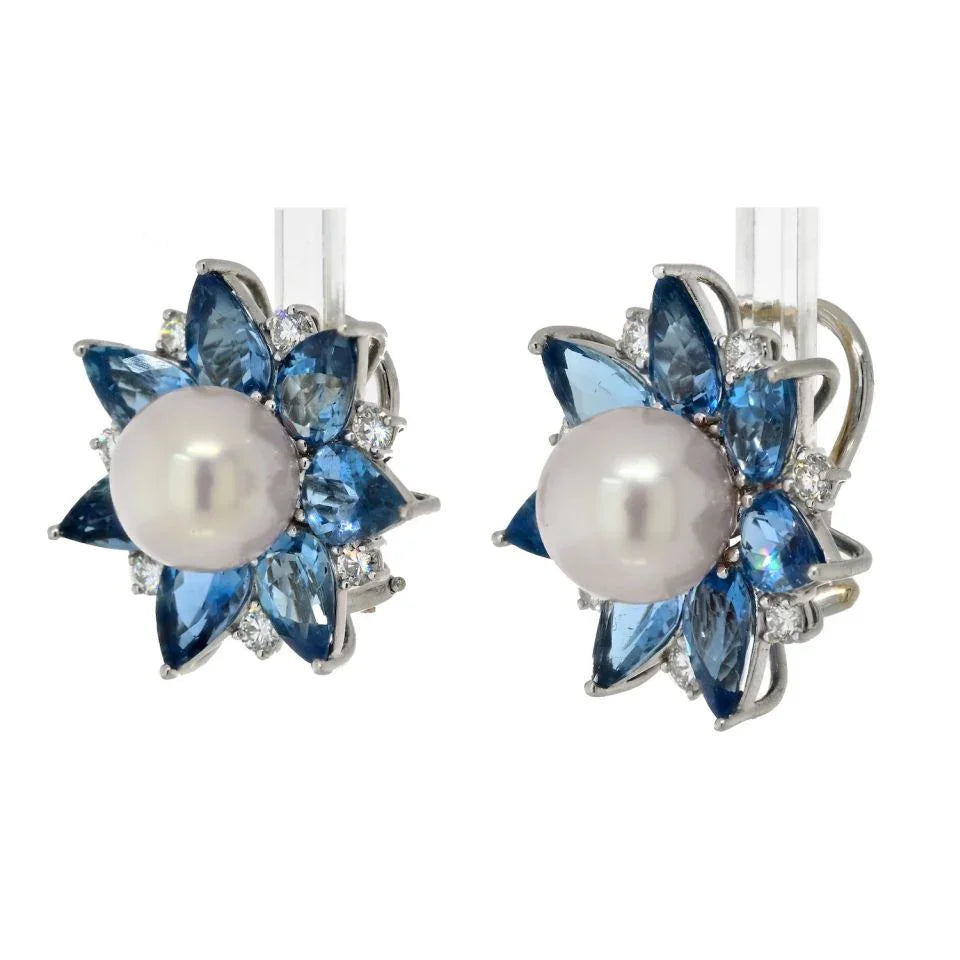 Platinum Aquamarine, Pearl And Diamond Stud Flower Style Earrings - The Back Vault