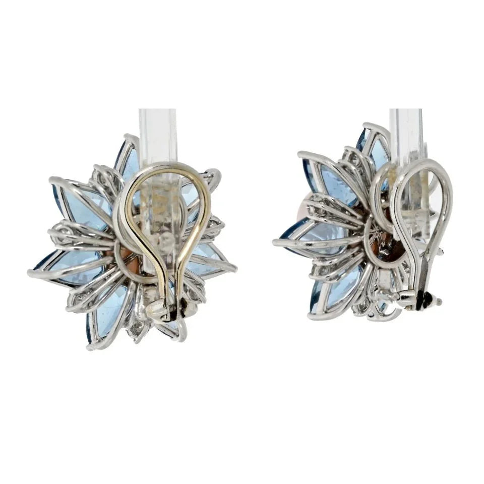 Platinum Aquamarine, Pearl And Diamond Stud Flower Style Earrings - The Back Vault