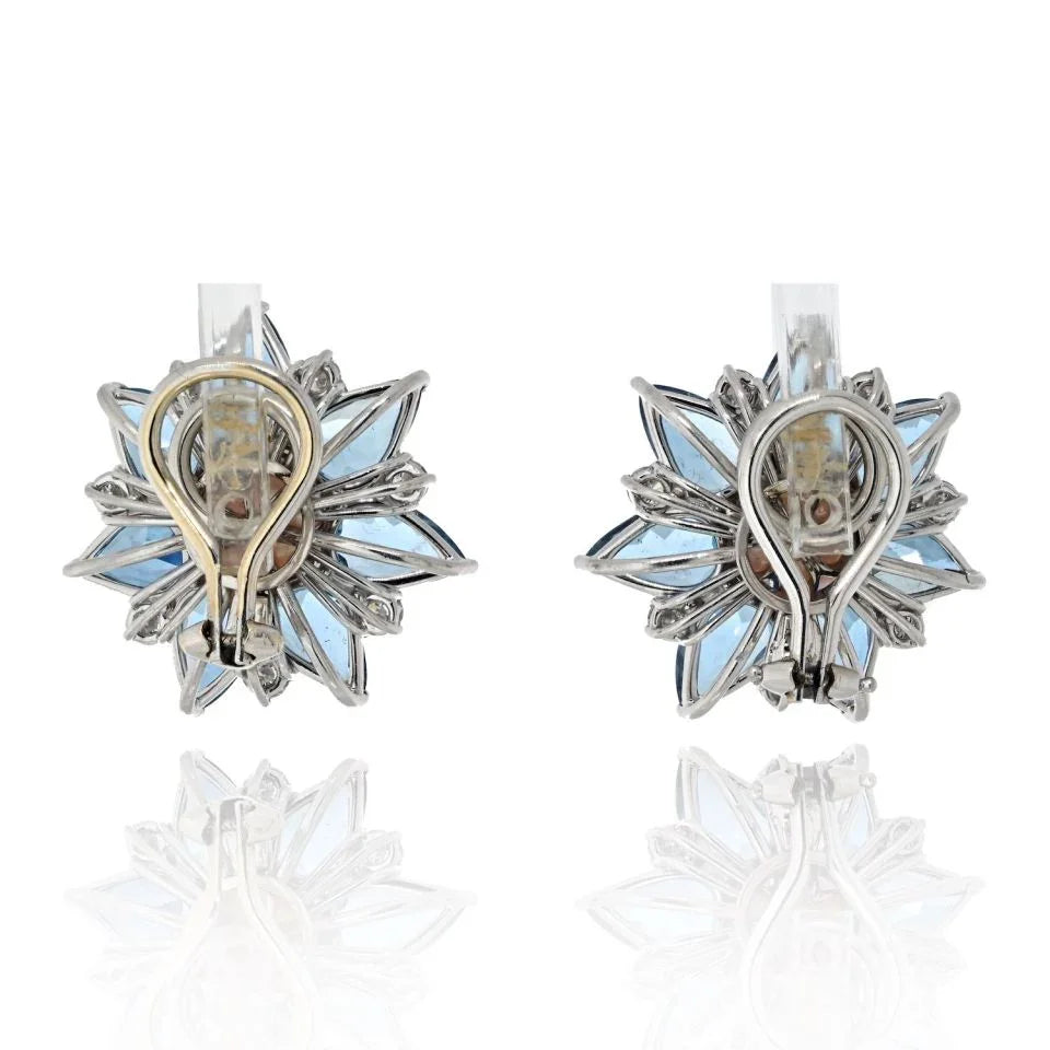 Platinum Aquamarine, Pearl And Diamond Stud Flower Style Earrings - The Back Vault