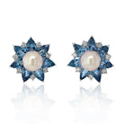 Platinum Aquamarine, Pearl And Diamond Stud Flower Style Earrings - The Back Vault