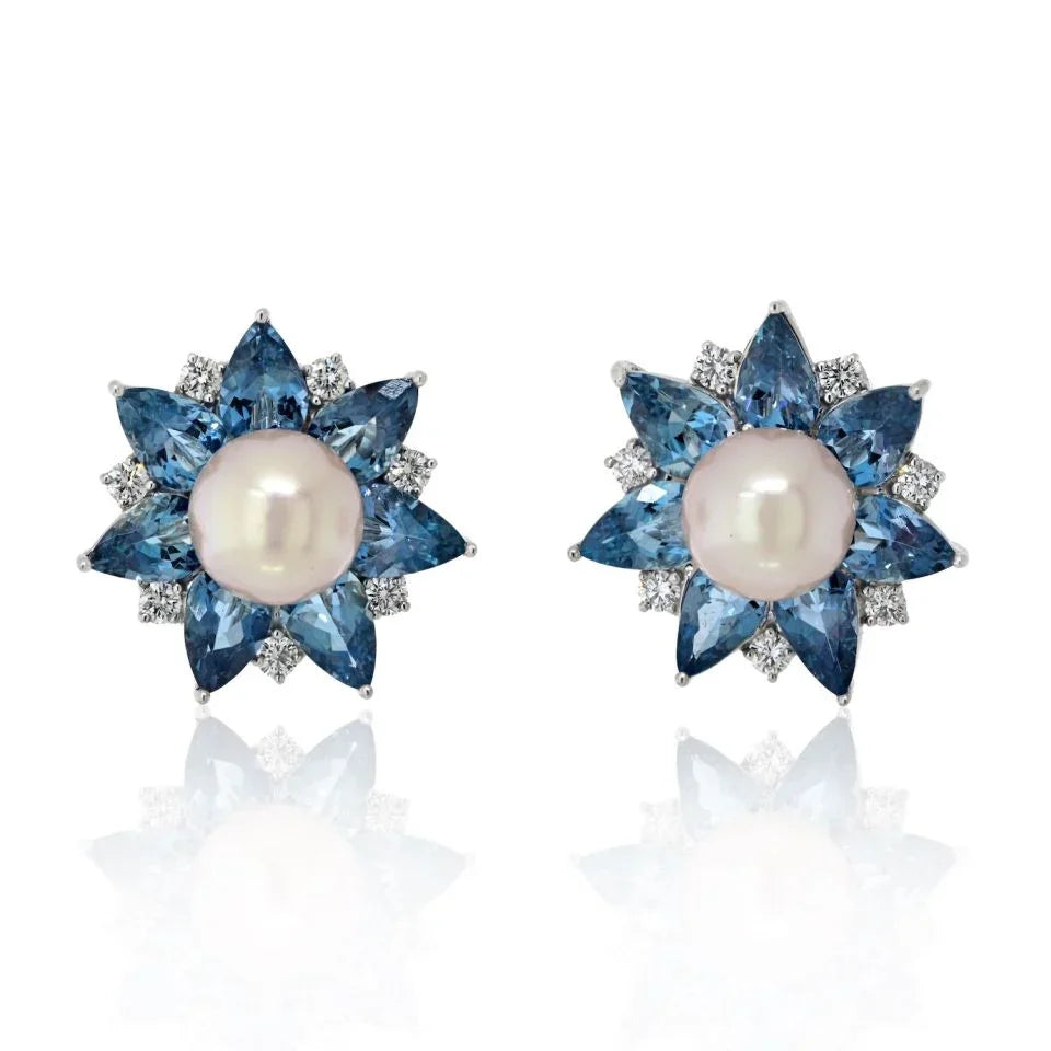 Platinum Aquamarine, Pearl And Diamond Stud Flower Style Earrings - The Back Vault