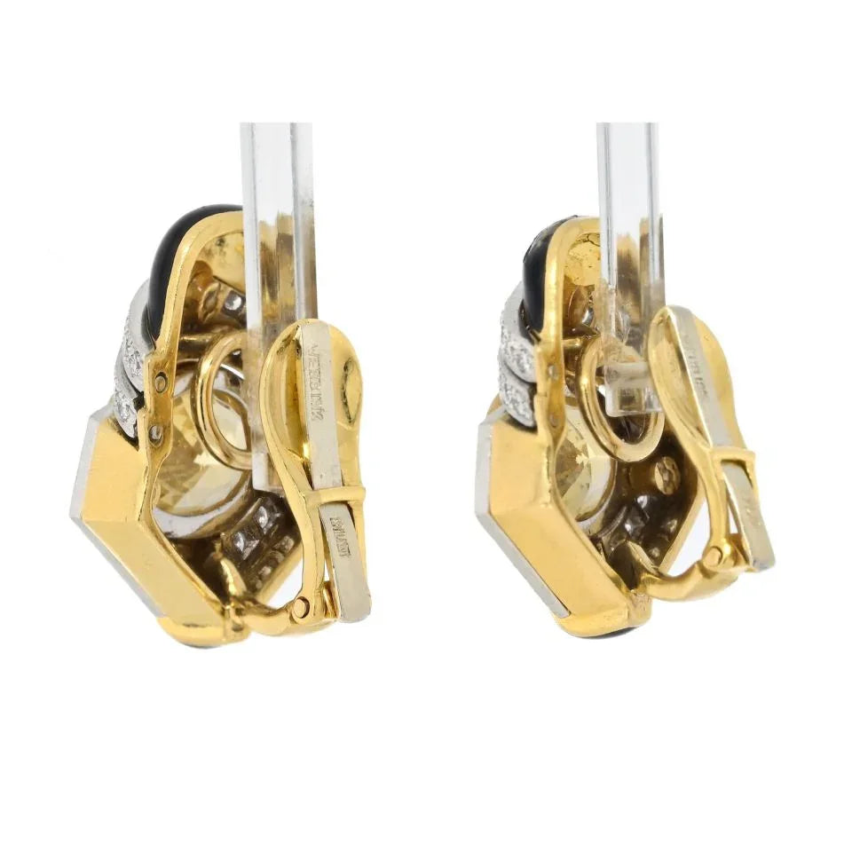 David Webb Platinum & 18K Yellow Gold Oval Cut Yellow Sapphire, Black Enamel And Diamond Earrings - The Back Vault
