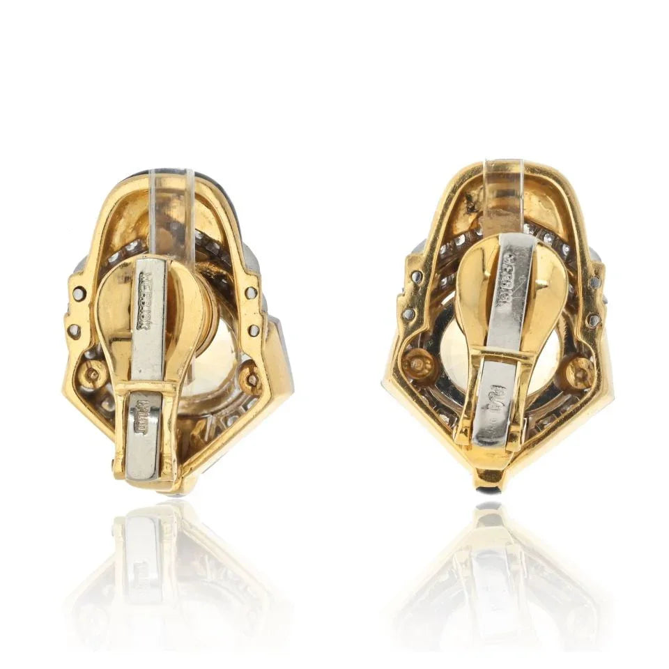 David Webb Platinum & 18K Yellow Gold Oval Cut Yellow Sapphire, Black Enamel And Diamond Earrings - The Back Vault