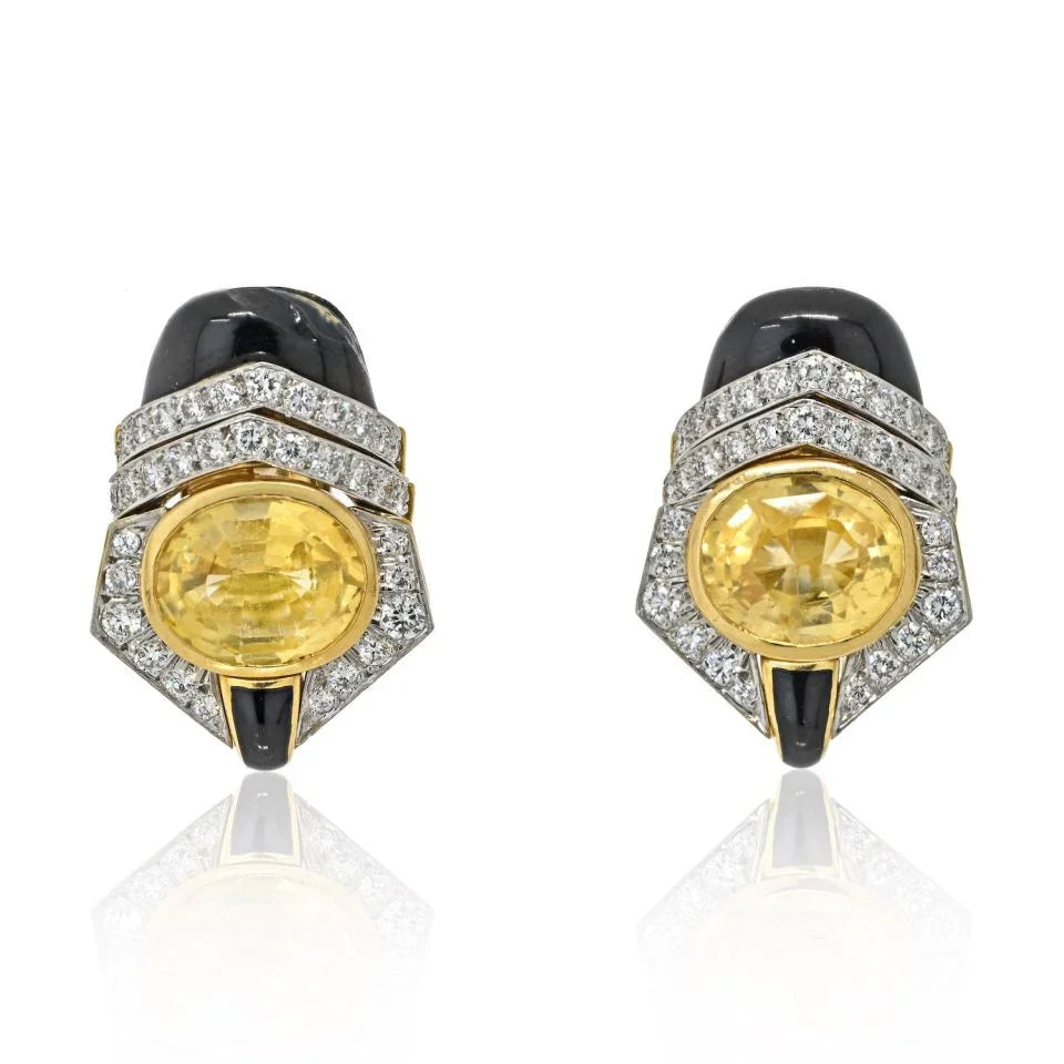David Webb Platinum & 18K Yellow Gold Oval Cut Yellow Sapphire, Black Enamel And Diamond Earrings - The Back Vault
