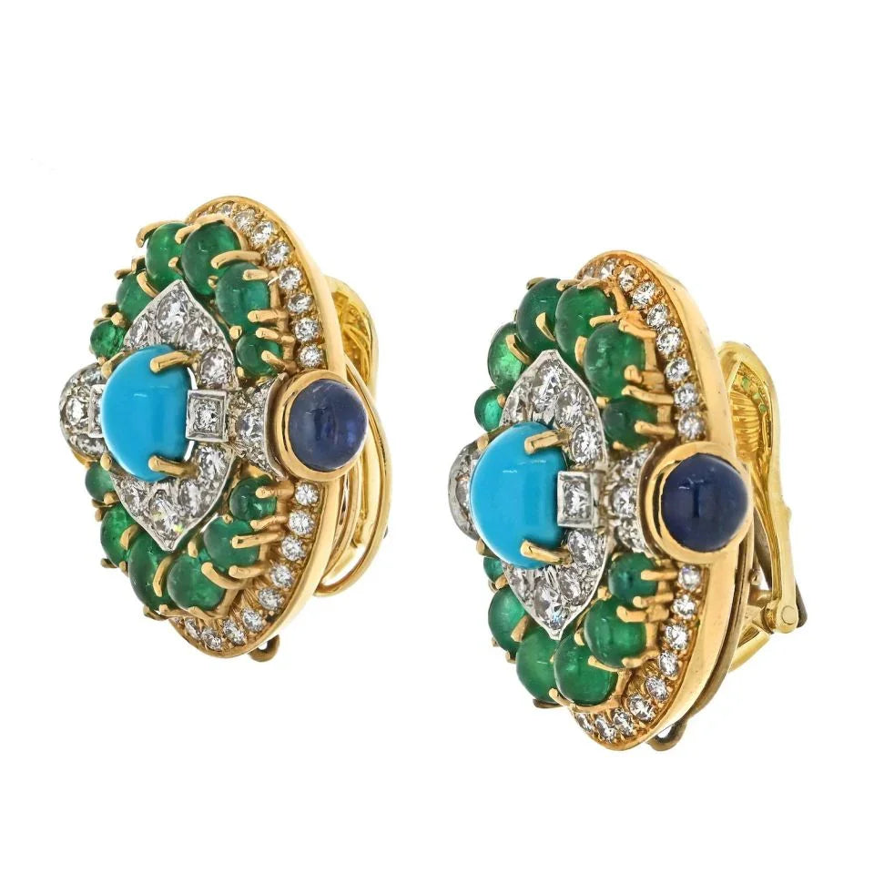 David Webb Platinum & 18K Yellow Gold Turquoise emerald And Diamond Clip Earrings - The Back Vault