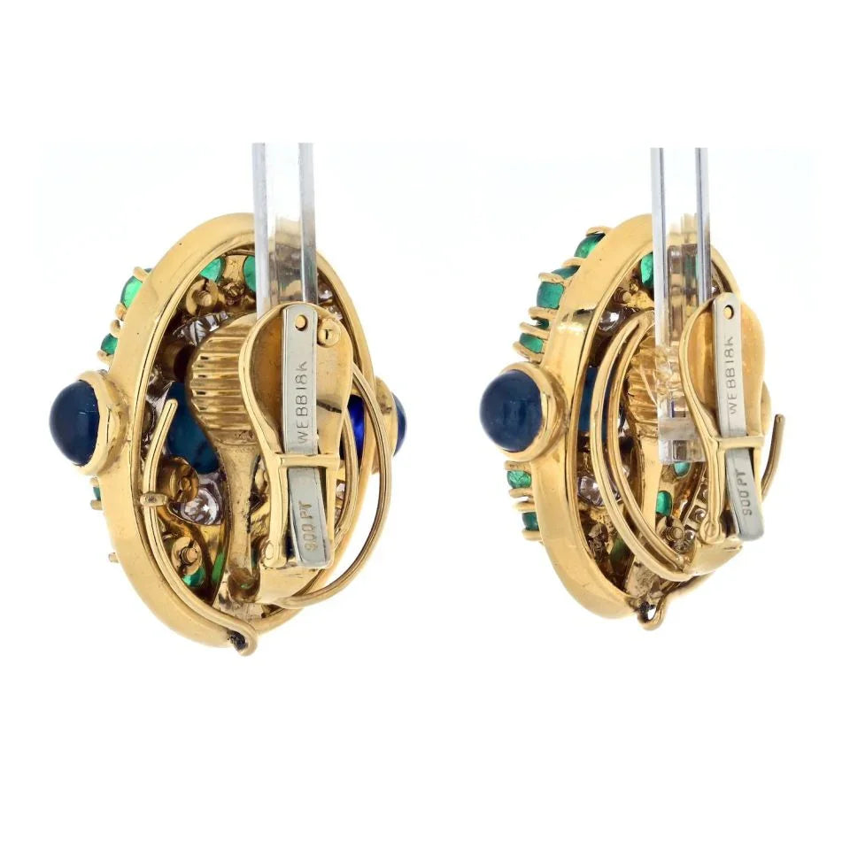 David Webb Platinum & 18K Yellow Gold Turquoise emerald And Diamond Clip Earrings - The Back Vault