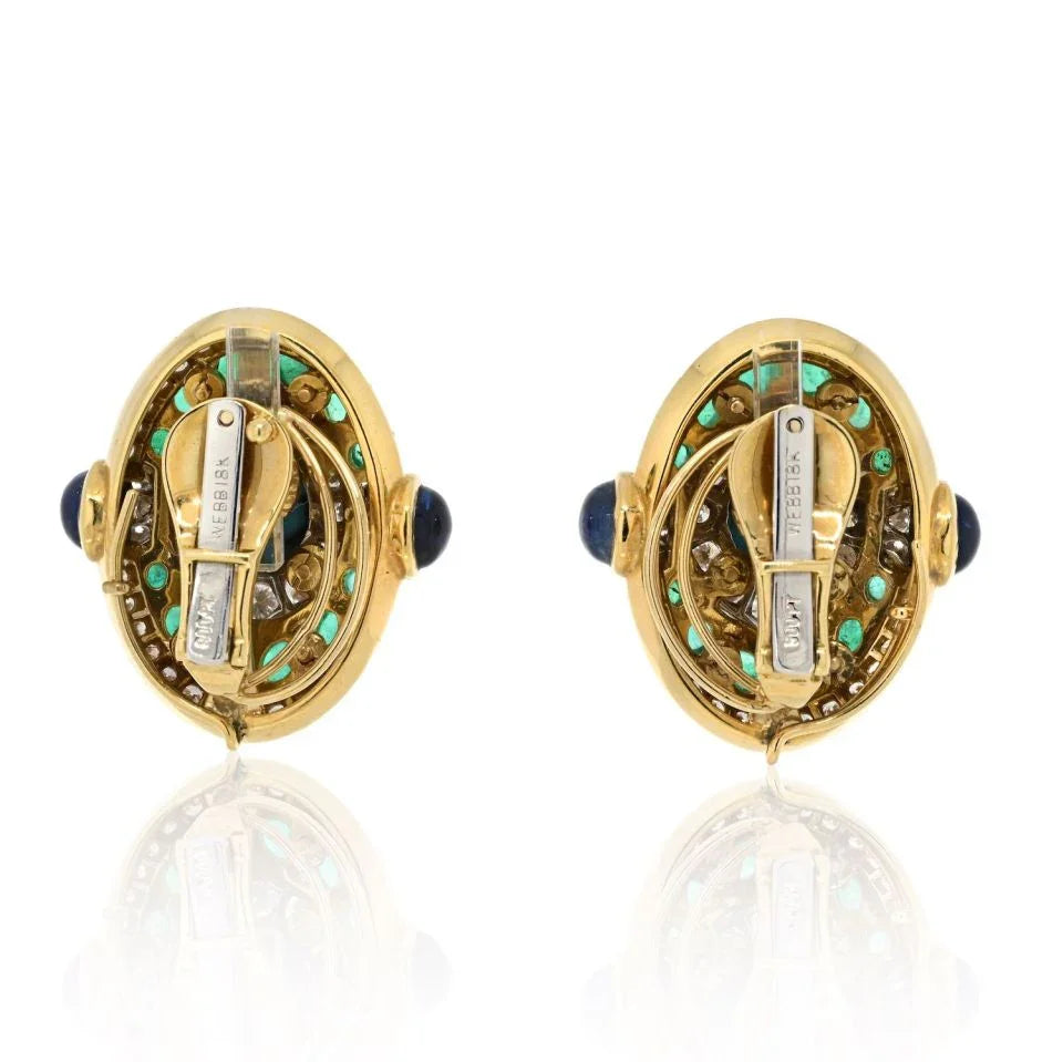 David Webb Platinum & 18K Yellow Gold Turquoise emerald And Diamond Clip Earrings - The Back Vault