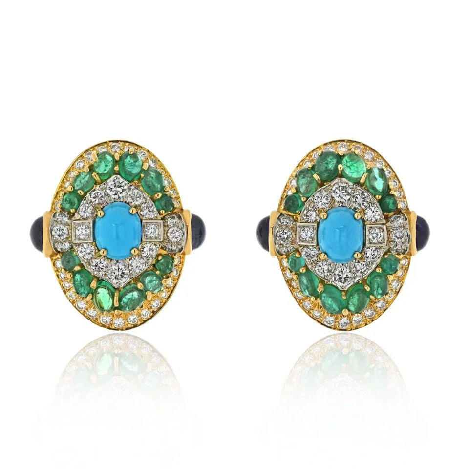 David Webb Platinum & 18K Yellow Gold Turquoise emerald And Diamond Clip Earrings - The Back Vault
