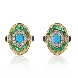 David Webb Platinum & 18K Yellow Gold Turquoise emerald And Diamond Clip Earrings