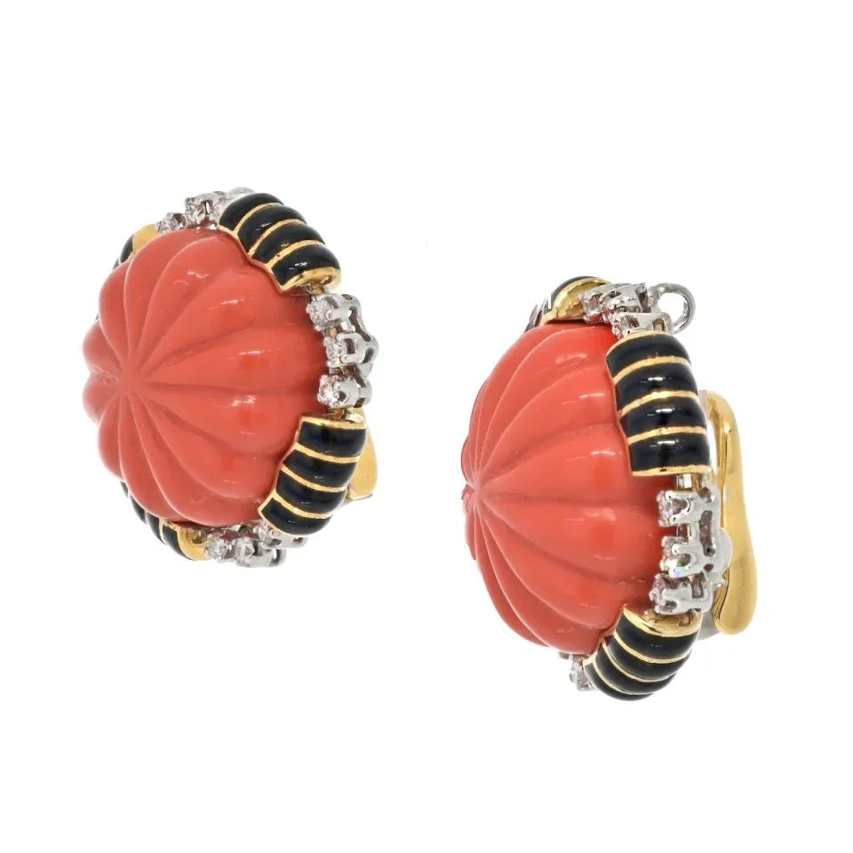 David Webb Platinum & 18K Yellow Gold Carved Coral Bombe Diamond Earrings - The Back Vault