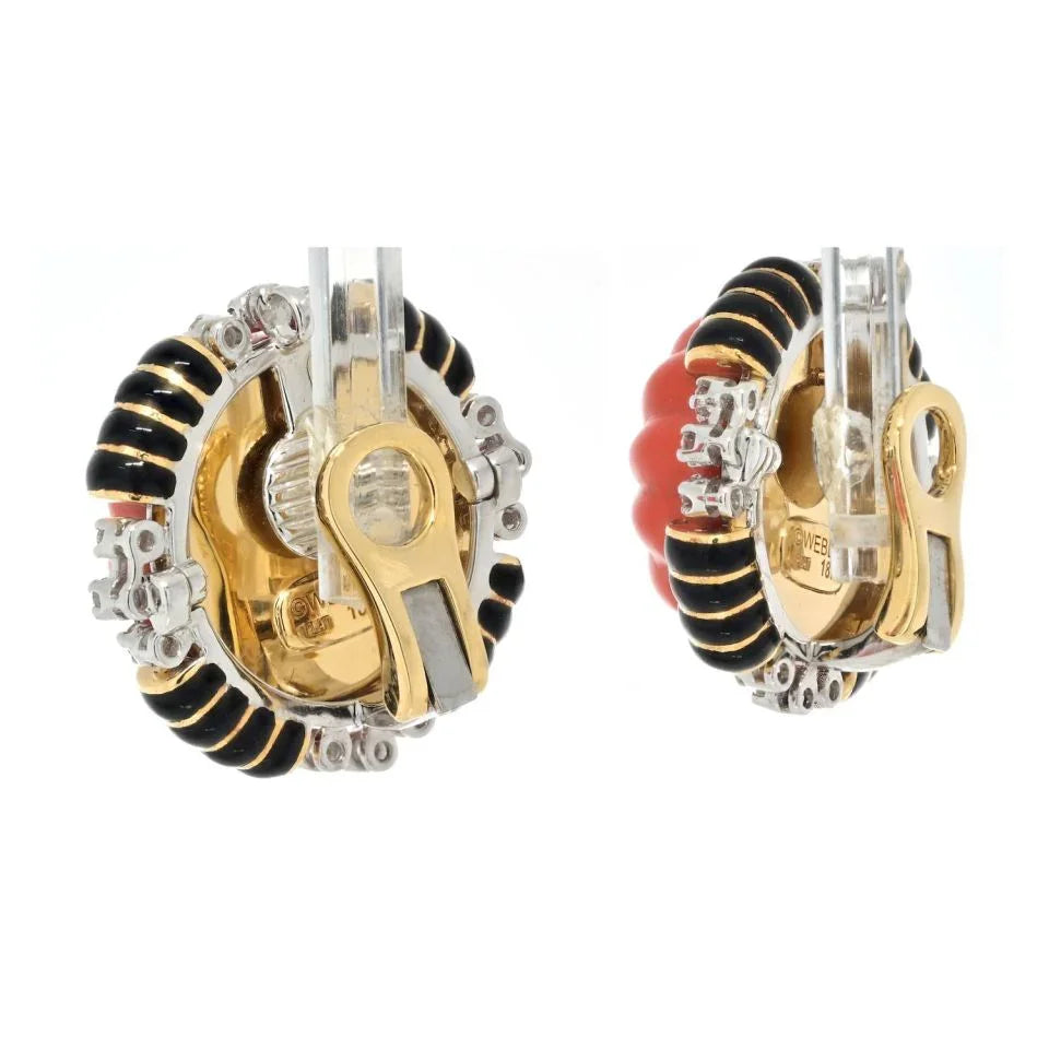 David Webb Platinum & 18K Yellow Gold Carved Coral Bombe Diamond Earrings - The Back Vault