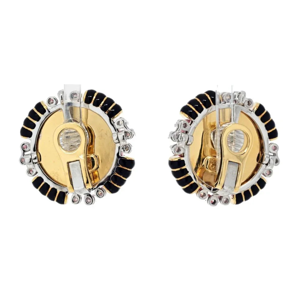 David Webb Platinum & 18K Yellow Gold Carved Coral Bombe Diamond Earrings - The Back Vault