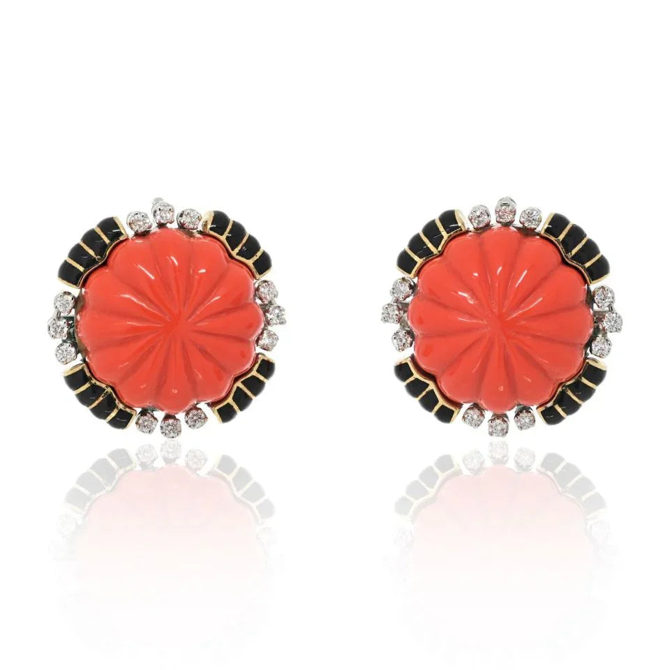 David Webb Platinum & 18K Yellow Gold Carved Coral Bombe Diamond Earrings - The Back Vault