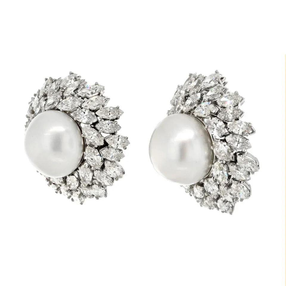 Van Cleef & Arpels 18K White Gold Pearl Diamond Bombe Earrings - The Back Vault