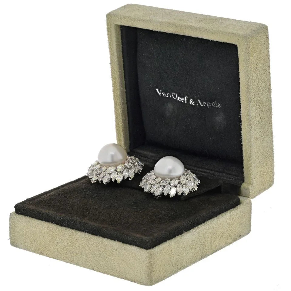 Van Cleef & Arpels 18K White Gold Pearl Diamond Bombe Earrings - The Back Vault