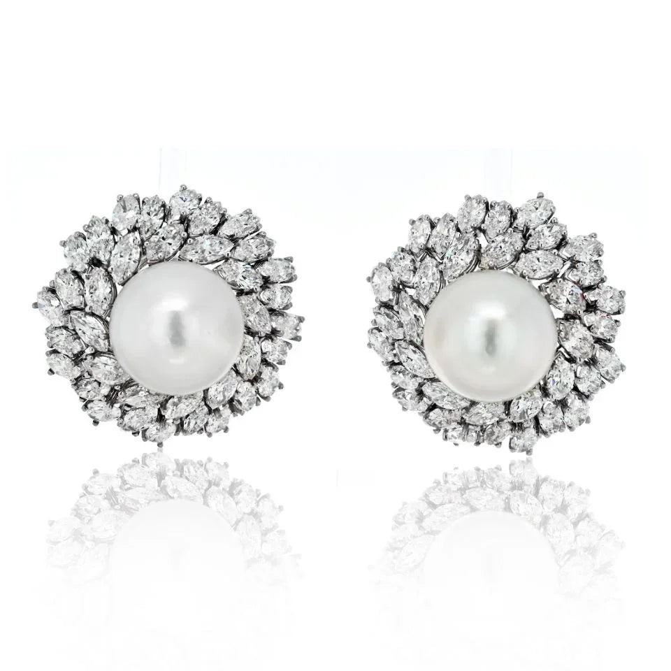 Van Cleef & Arpels 18K White Gold Pearl Diamond Bombe Earrings - The Back Vault