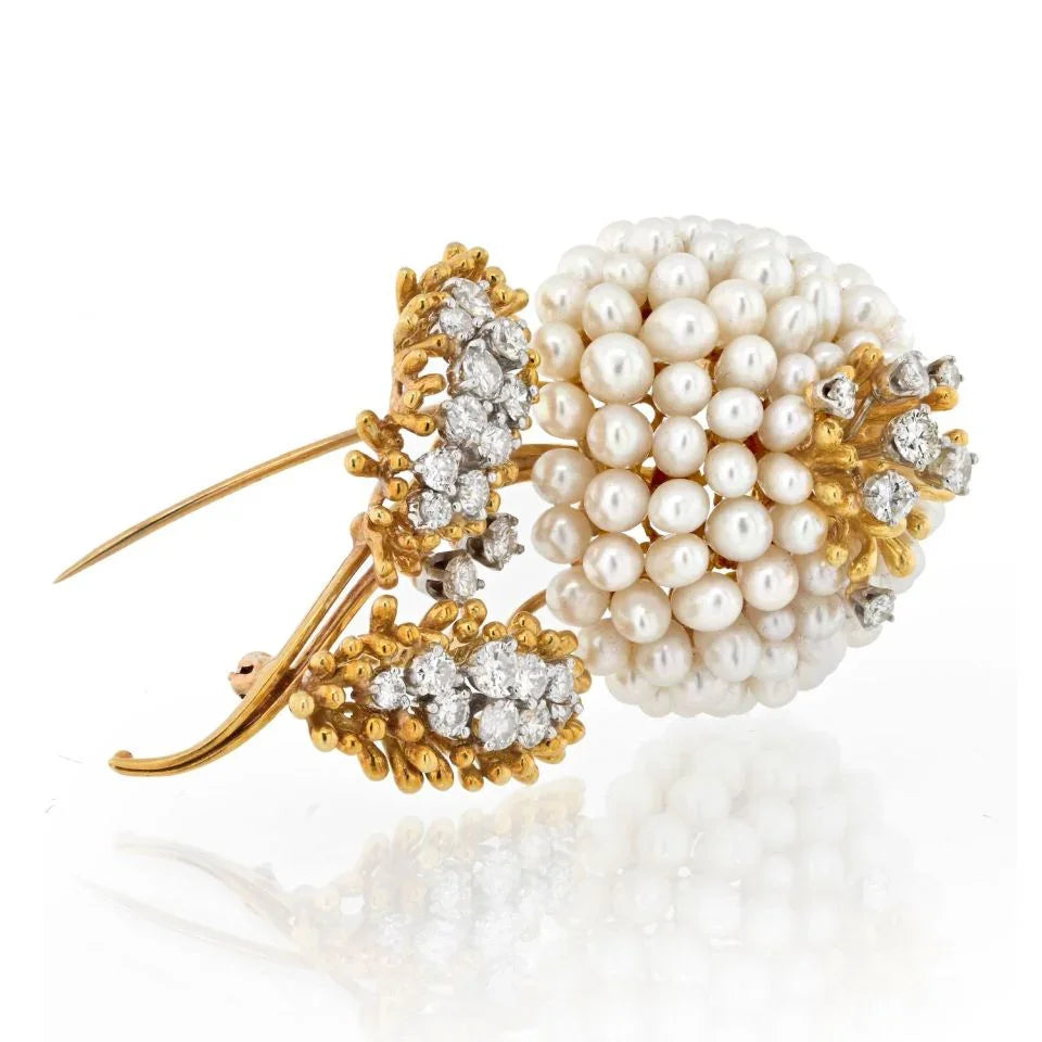 Kurt Wayne 18K Yellow Gold Diamond And Pearl Flower Brooch - The Back Vault