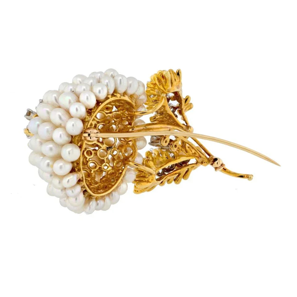 Kurt Wayne 18K Yellow Gold Diamond And Pearl Flower Brooch - The Back Vault