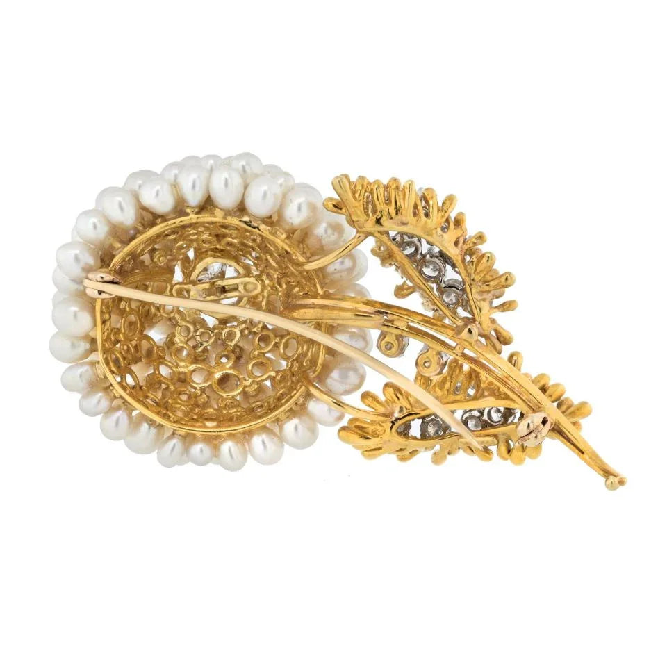 Kurt Wayne 18K Yellow Gold Diamond And Pearl Flower Brooch - The Back Vault