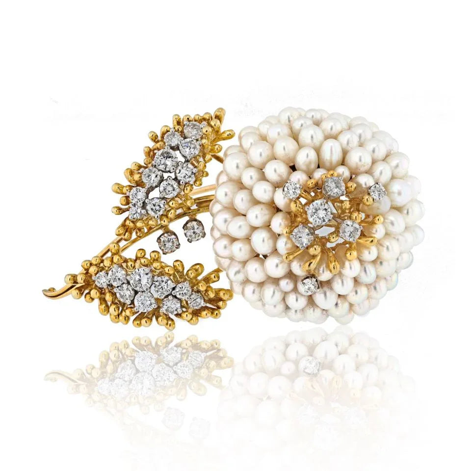 Kurt Wayne 18K Yellow Gold Diamond And Pearl Flower Brooch - The Back Vault