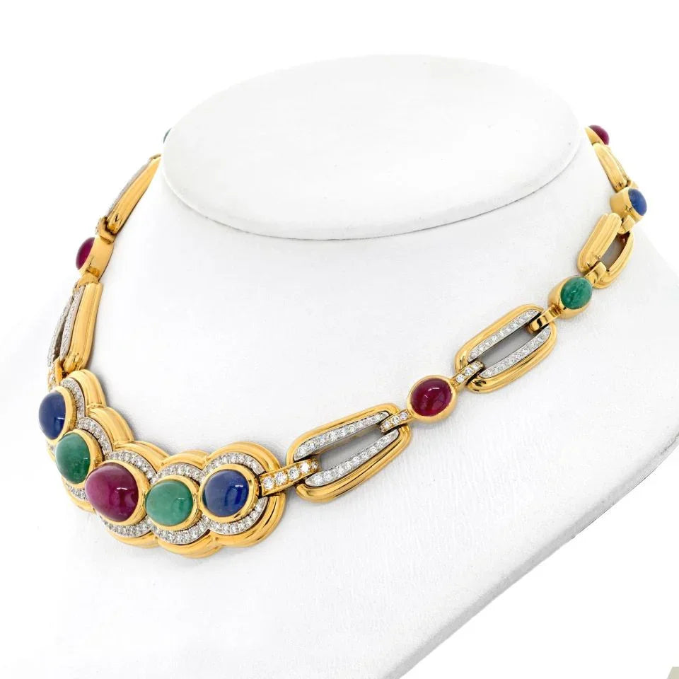 David Webb Platinum & 18K Yellow Gold Cabochon Cut Sapphire, Ruby And Emerald Necklace - The Back Vault