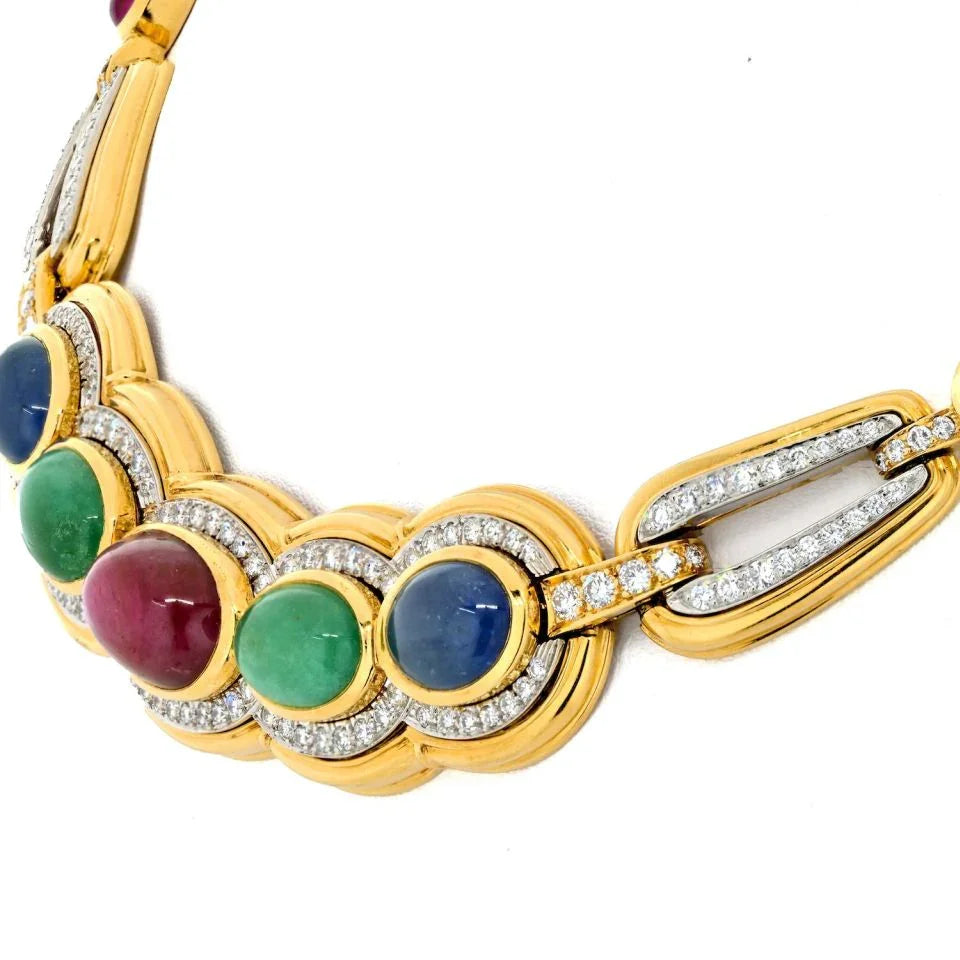 David Webb Platinum & 18K Yellow Gold Cabochon Cut Sapphire, Ruby And Emerald Necklace - The Back Vault