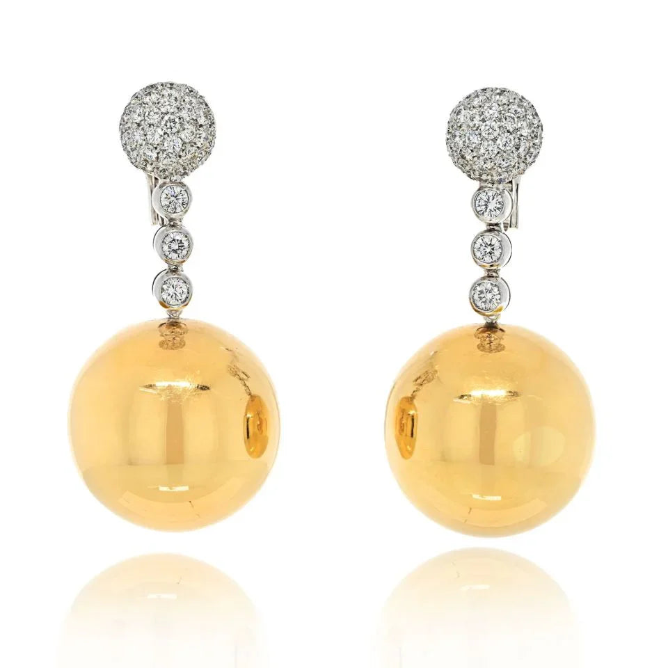18K Two Tone Round Gold Ball Drop Dangling Earrings - The Back Vault