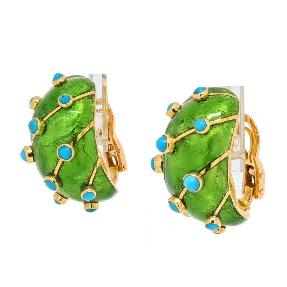 Tiffany & Co. Schlumberger Platinum & 18K Yellow Gold Green Enamel Turquoise Earrings - The Back Vault