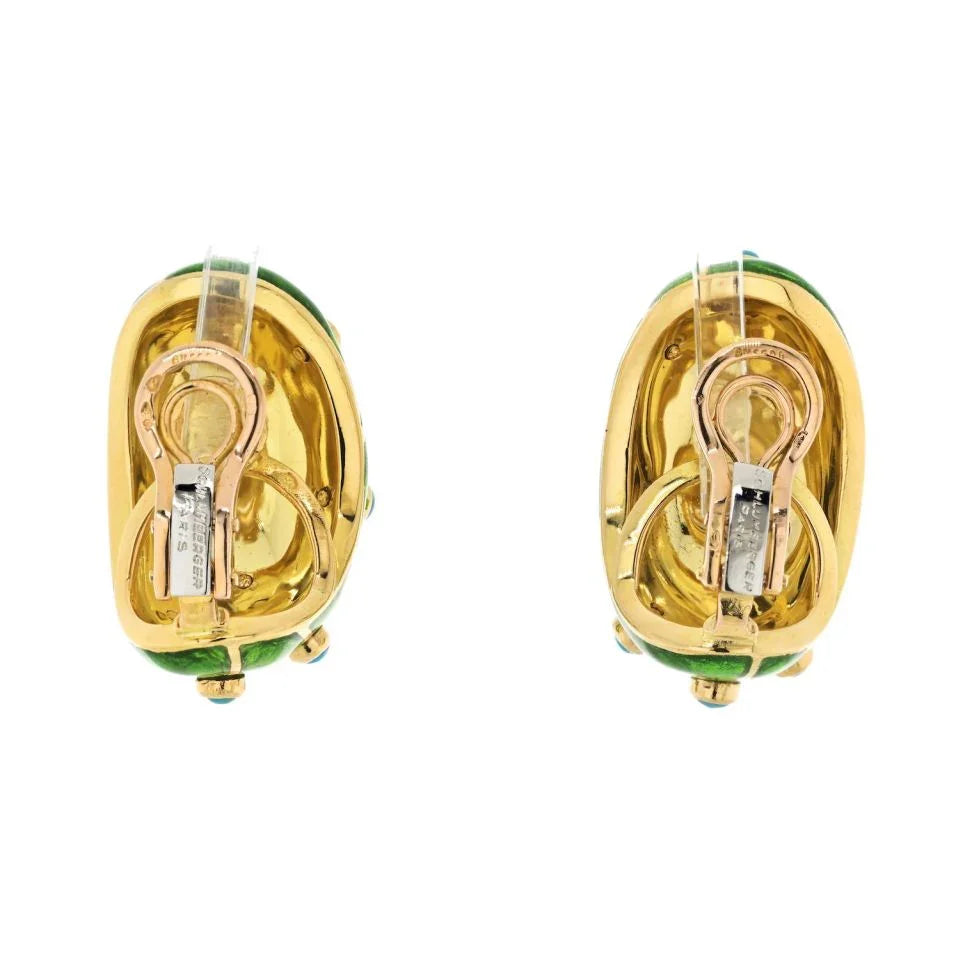 Tiffany & Co. Schlumberger Platinum & 18K Yellow Gold Green Enamel Turquoise Earrings - The Back Vault