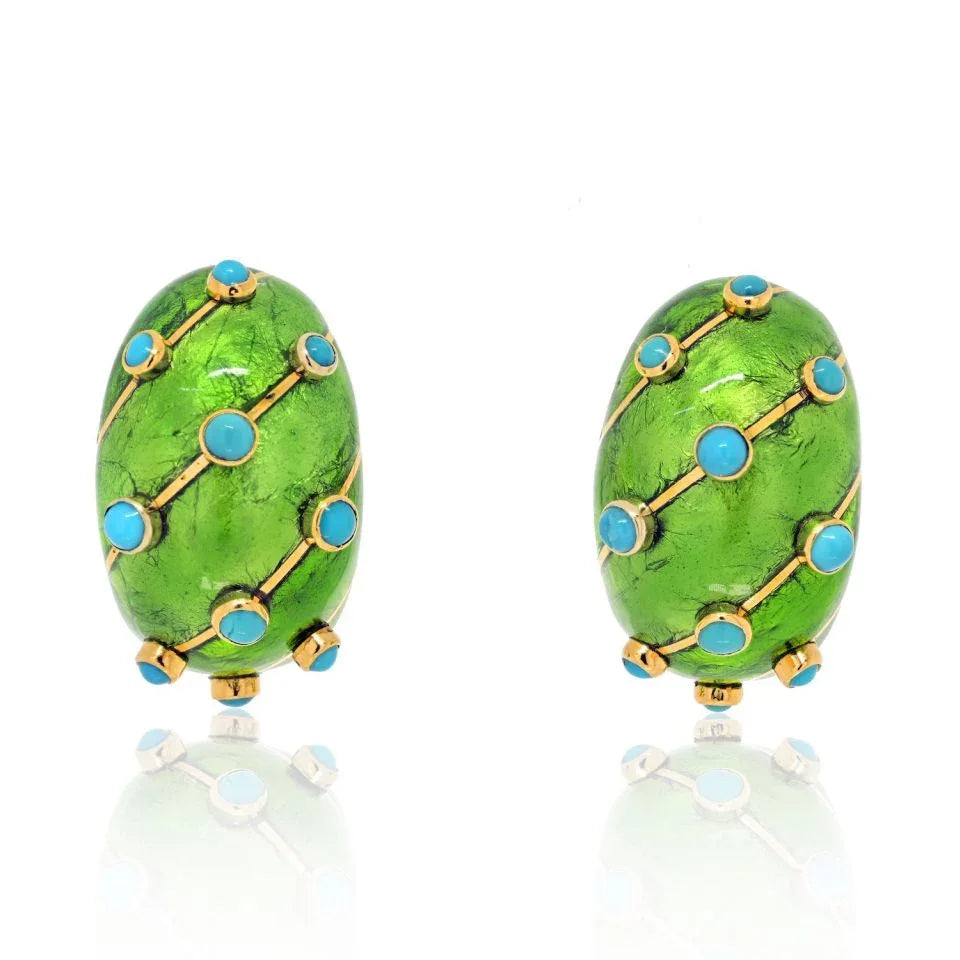 Tiffany & Co. Schlumberger Platinum & 18K Yellow Gold Green Enamel Turquoise Earrings - The Back Vault
