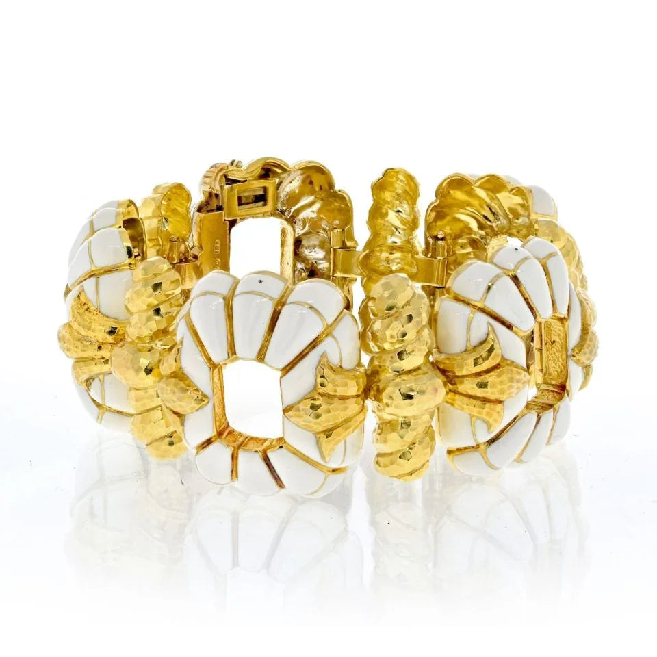 David Webb Platinum & 18K Yellow Gold White Enamel Floral Motif Open Link Bracelet - The Back Vault