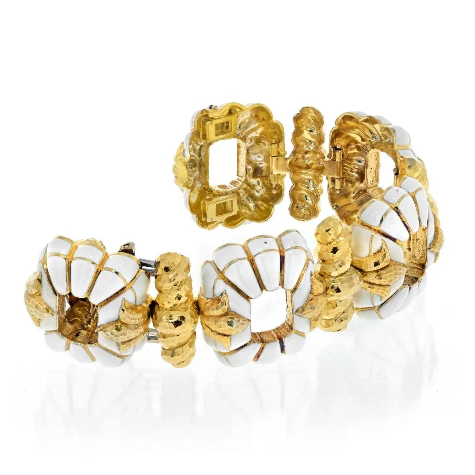 David Webb Platinum & 18K Yellow Gold White Enamel Floral Motif Open Link Bracelet - The Back Vault