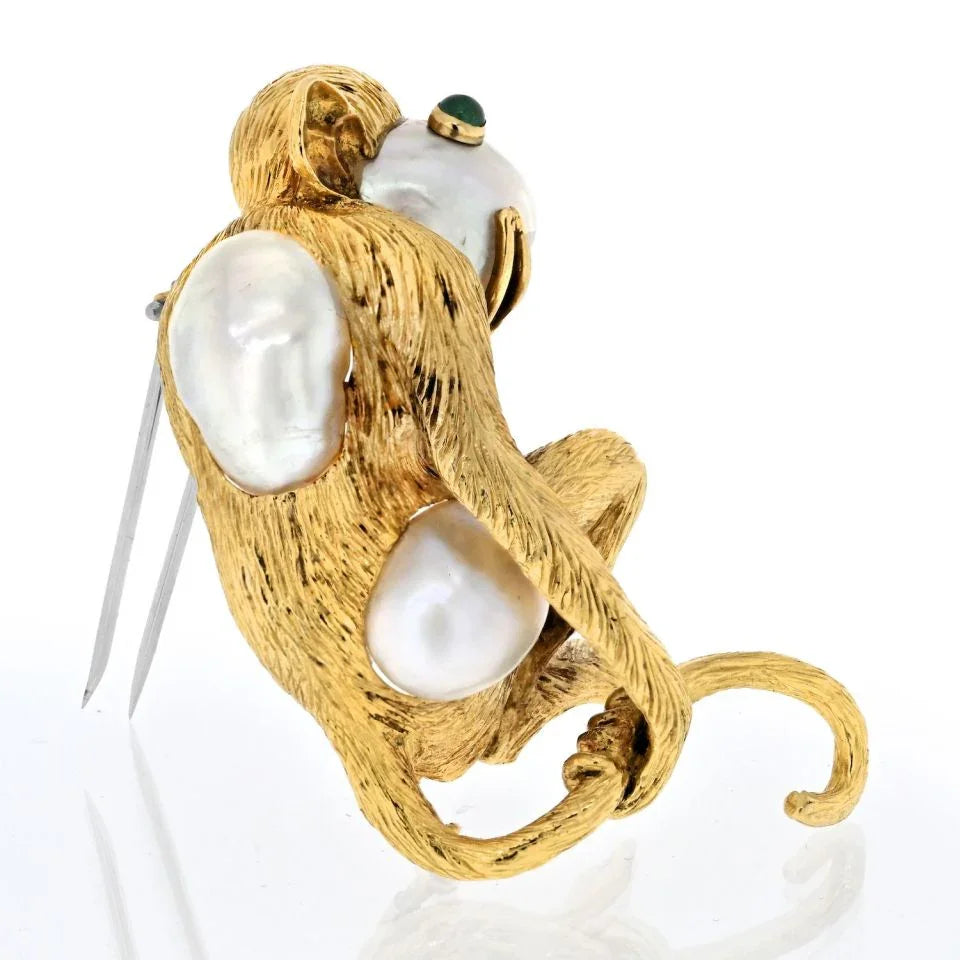 David Webb Platinum & 18K Yellow Gold Monkey On A Pearl And Emerald Eyes Brooch - The Back Vault