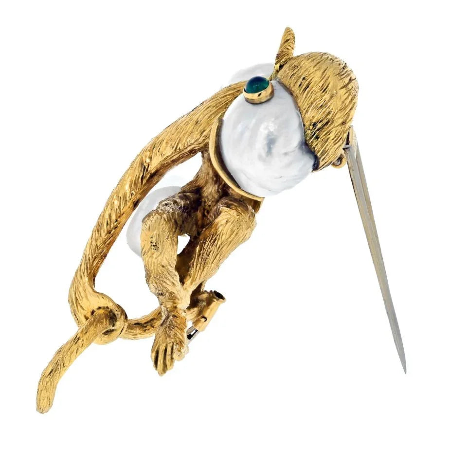 David Webb Platinum & 18K Yellow Gold Monkey On A Pearl And Emerald Eyes Brooch - The Back Vault