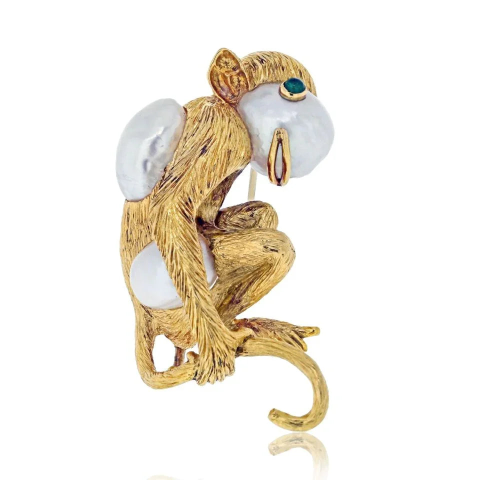David Webb Platinum & 18K Yellow Gold Monkey On A Pearl And Emerald Eyes Brooch - The Back Vault