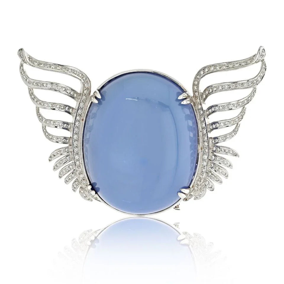 18K White Gold Large Quartz And Diamond Wings Brooch - The Back Vault