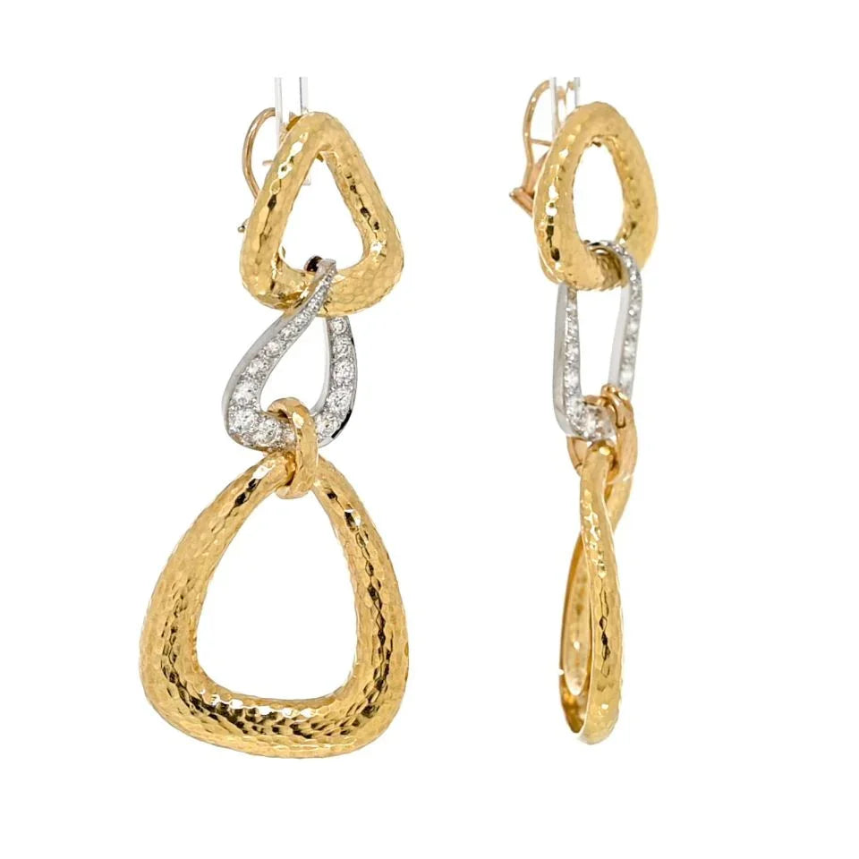 18K Yellow Gold Triple Hoop Hammered Diamond Drop Earrings - The Back Vault
