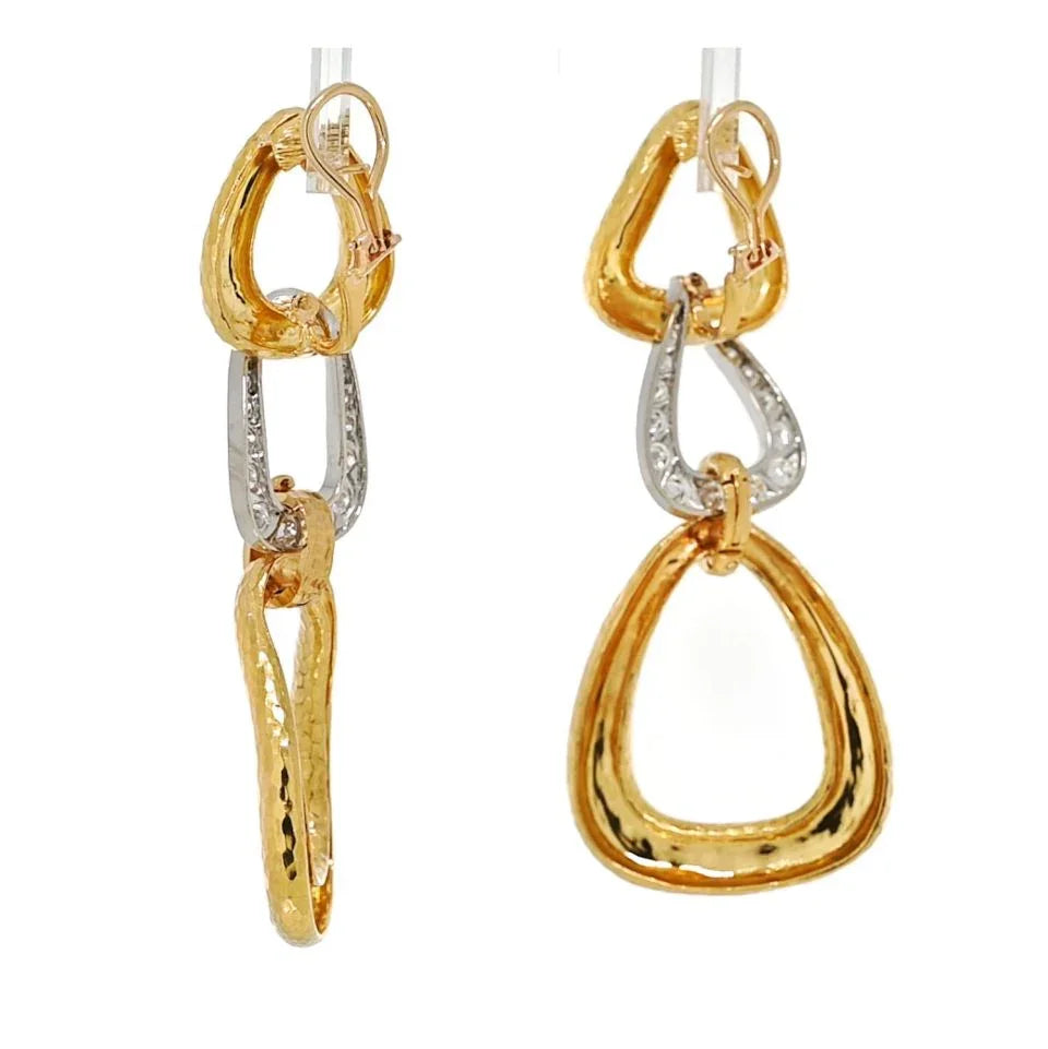18K Yellow Gold Triple Hoop Hammered Diamond Drop Earrings - The Back Vault