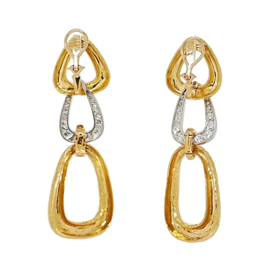 18K Yellow Gold Triple Hoop Hammered Diamond Drop Earrings - The Back Vault