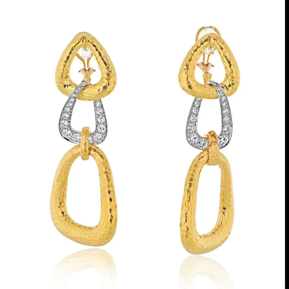 18K Yellow Gold Triple Hoop Hammered Diamond Drop Earrings - The Back Vault