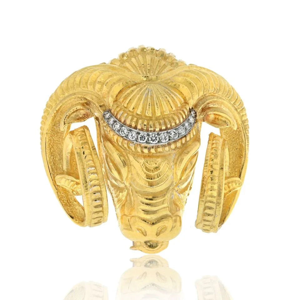 David Webb Platinum & 18K Yellow Gold Ram Diamond Head Brooch - The Back Vault