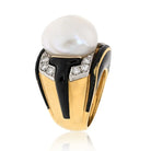 David Webb Platinum & 18K Yellow Gold Pearl, Diamond, Black Enamel Ring - The Back Vault