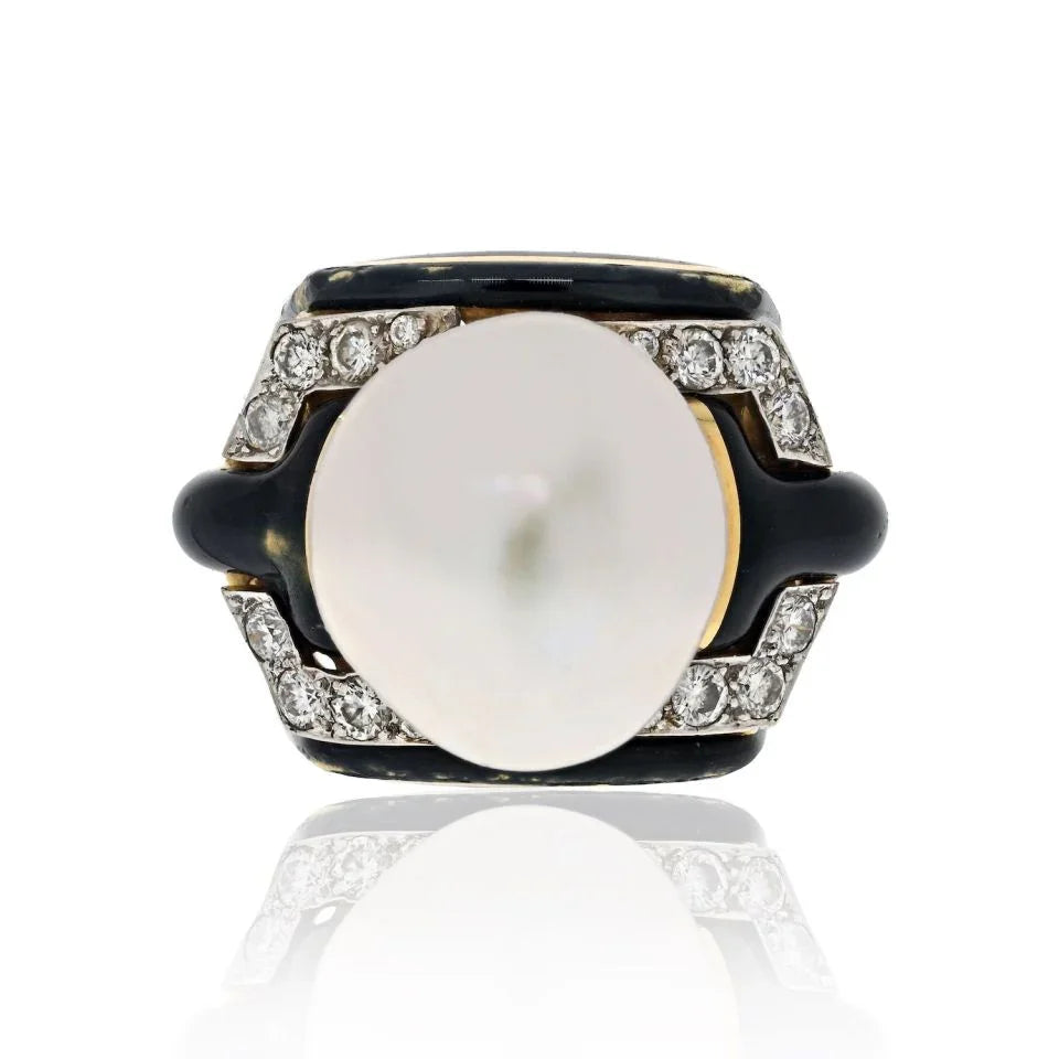 David Webb Platinum & 18K Yellow Gold Pearl, Diamond, Black Enamel Ring - The Back Vault