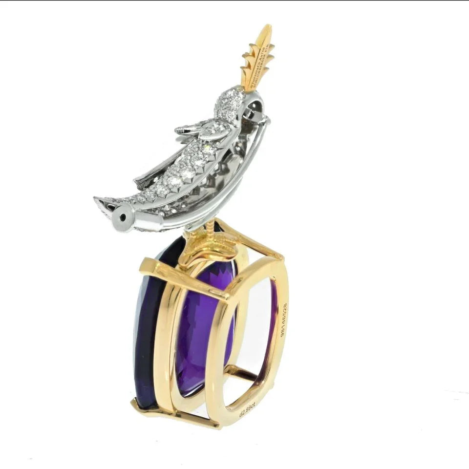 Tiffany & Co. Schlumberger Platinum & 18K Yellow Gold Bird On The Rock Amethyst Brooch - The Back Vault